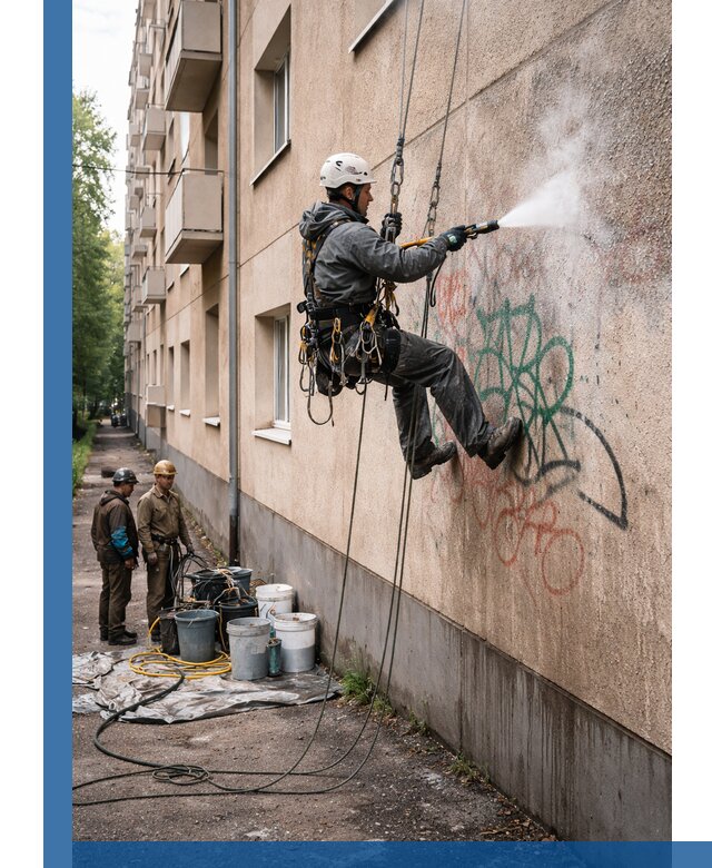 Удаление граффити с фасада в Сланцах без следов и повреждений