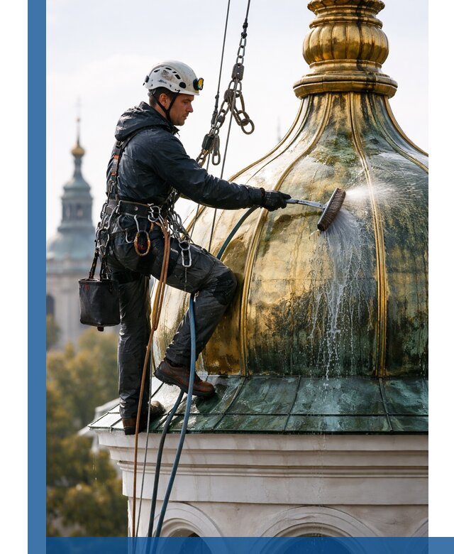 Профессиональная мойка куполов и шпилей высотными альпинистами в Сланцах
