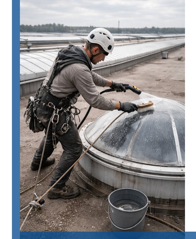 Мойка зенитных фонарей на кровле для промышленных объектов в Сланцах