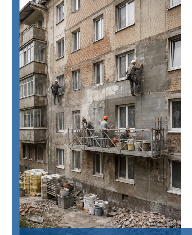 Капитальный ремонт фасада в Сланцах с восстановлением и гидроизоляцией