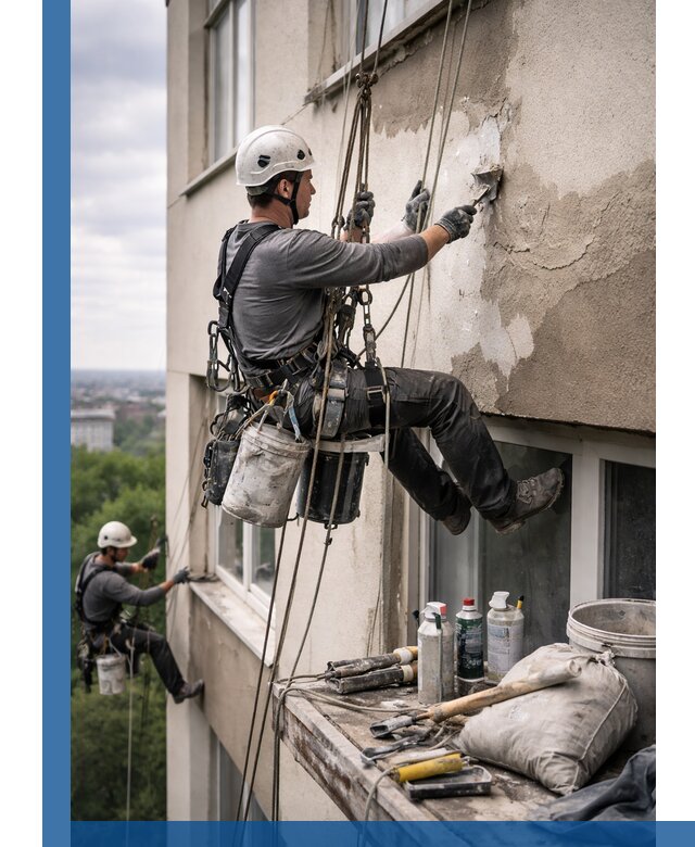 Косметический ремонт фасада зданий в Сланцах промышленными альпинистами