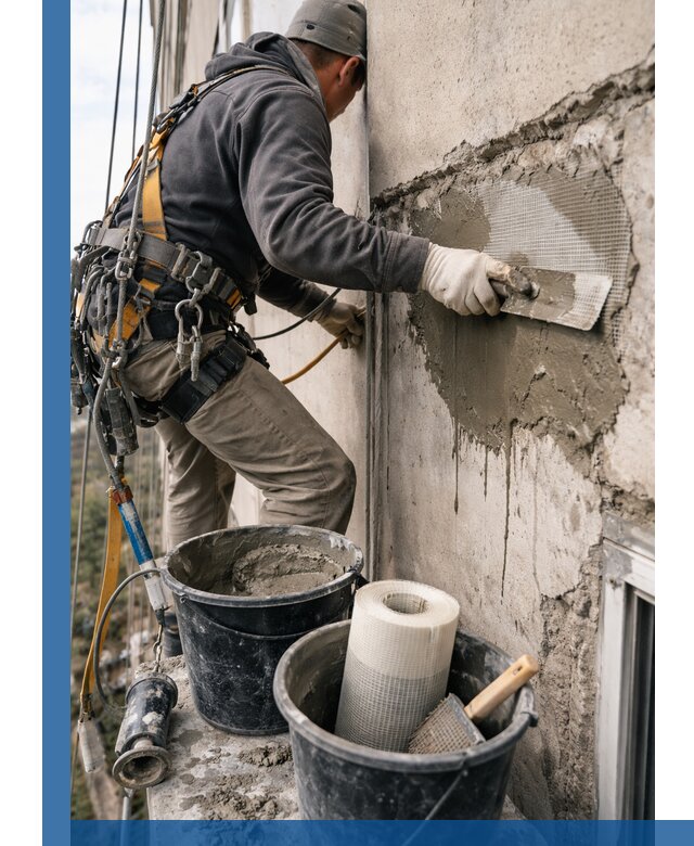 Ремонт бетонных элементов фасада промышленными альпинистами в Сланцах