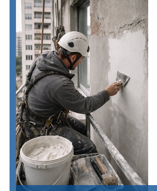 Шпаклевка фасадов на высоте с промальпинистами в Сланцах