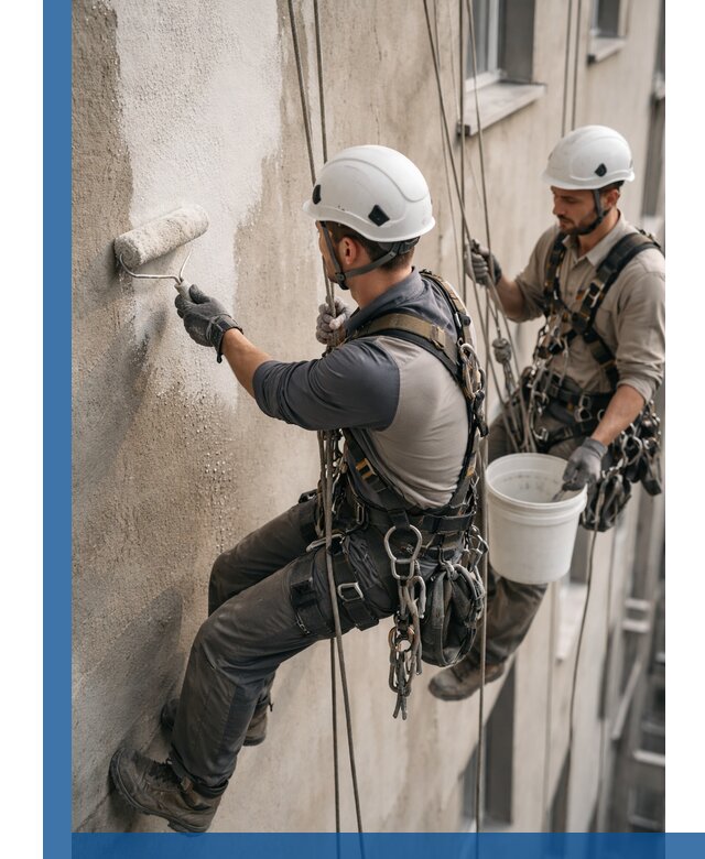 Грунтовка фасада на высоте в Сланцах промышленными альпинистами