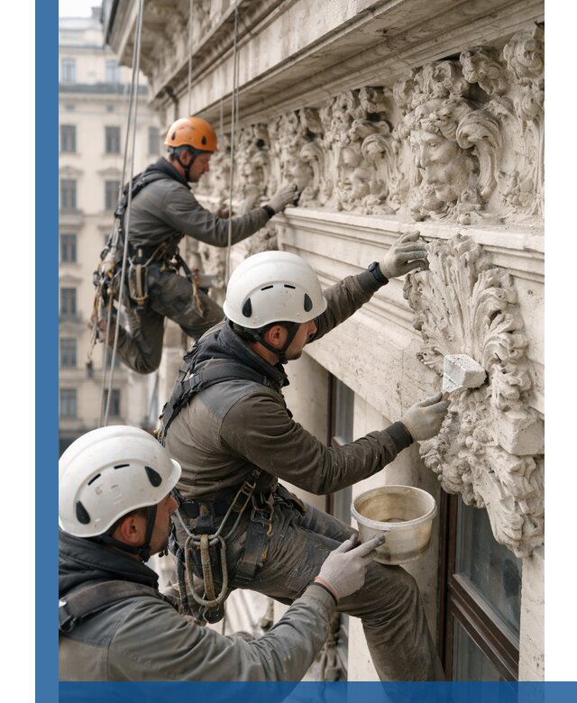 Реставрация фасадной лепнины с высотными работами в Сланцах