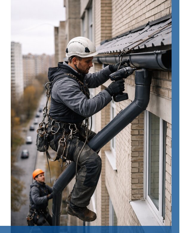 Монтаж водосточной системы на здании в Сланцах от 5166 р. | ВЫСОТНИК-Слы