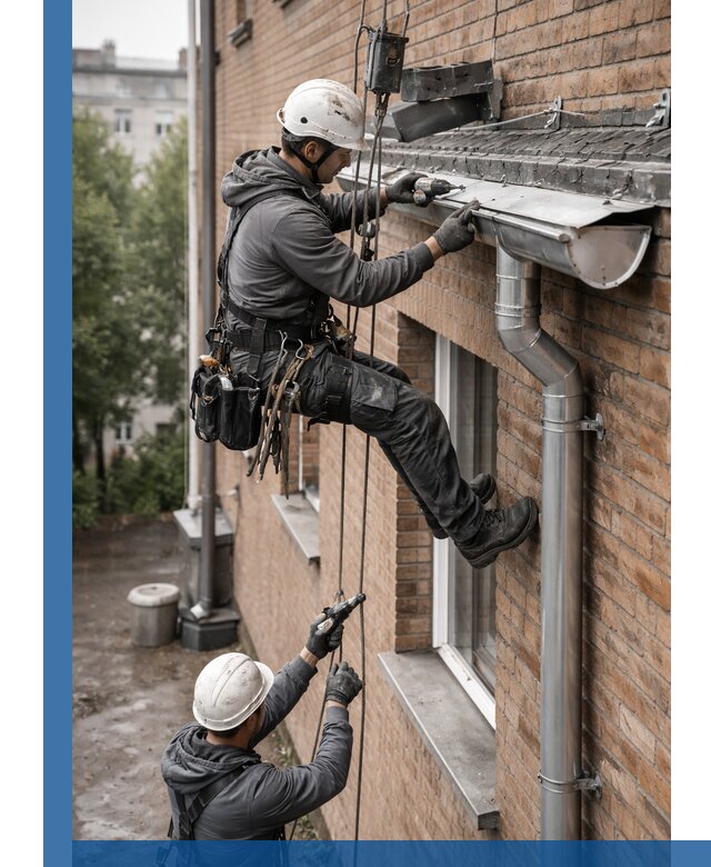 Монтаж водосточной системы на здании в Сланцах под ключ