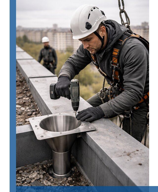 Монтаж водосточных воронок в Сланцах для промышленных зданий