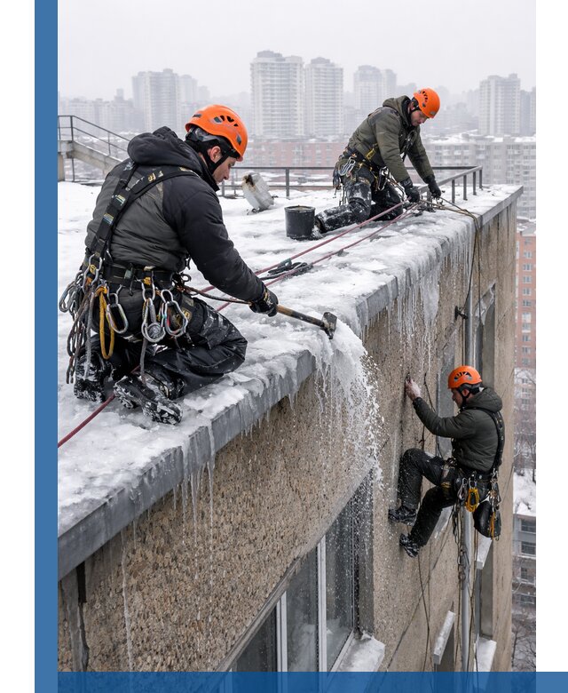 Удаление наледи с кровли в Сланцах промышленными альпинистами