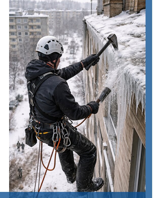 Сбивание сосулек с крыши в Сланцах по цене от 4649 р. | ВЫСОТНИК-Слы