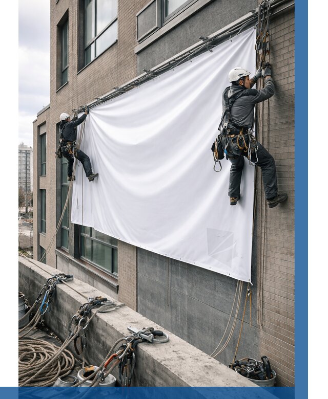 Монтаж баннеров на фасаде в Сланцах от 672 р. заказать ВЫСОТНИК-Слы