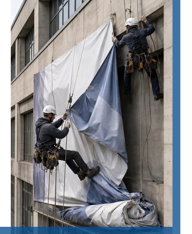 Демонтаж баннеров с фасада в Сланцах от 4649 р. | ВЫСОТНИК-Слы