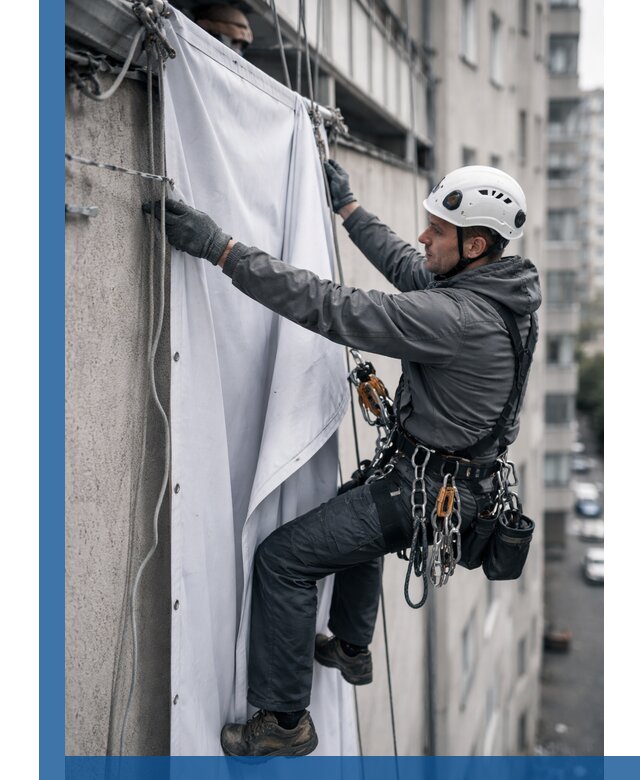 Замена баннерного полотна промышленными альпинистами в Сланцах