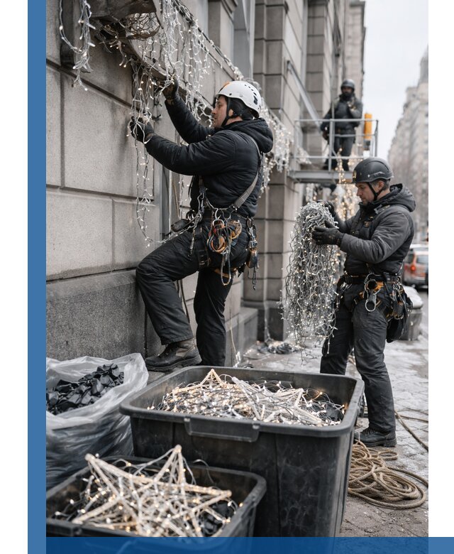 Демонтаж новогоднего оформления и гирлянд в Сланцах