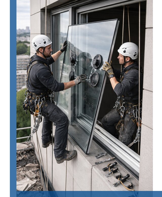 Замена стеклопакетов на высоте с промышленными альпинистами в Сланцах