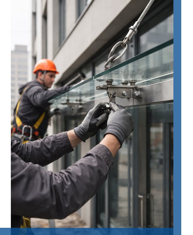 Монтаж стеклянных козырьков в Сланцах от 8782 р. | ВЫСОТНИК-Слы