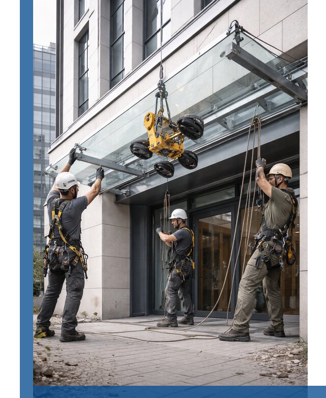 Монтаж стеклянных козырьков под ключ в Сланцах для зданий