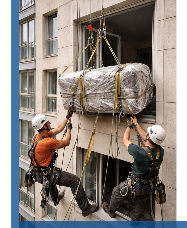 Подъем грузов через окно в Сланцах промышленными альпинистами