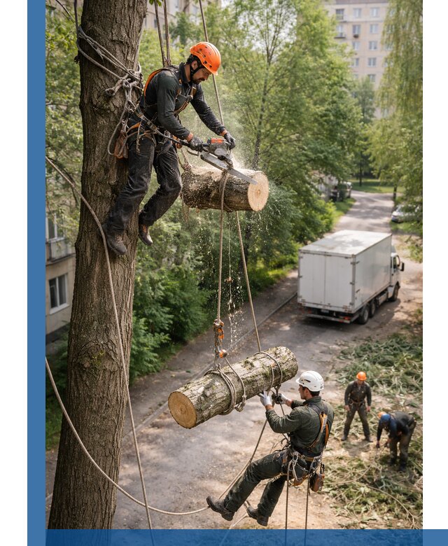 Спил деревьев альпинистами в Сланцах, безопасно и без повреждений