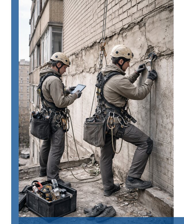 Обследование фасада промышленными альпинистами в Сланцах